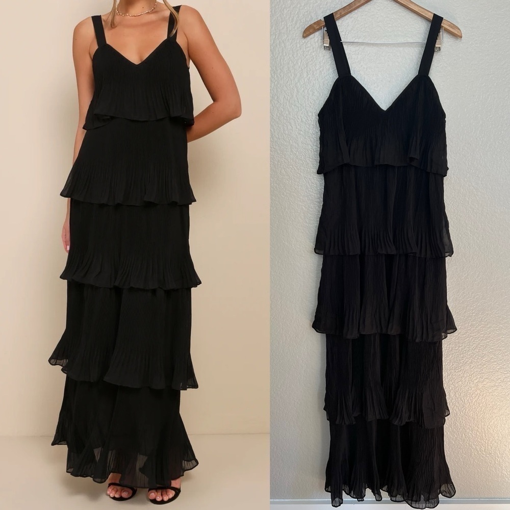 NWOT Elegant Nature Black Pleated Sleeveless Tiered Maxi Dress